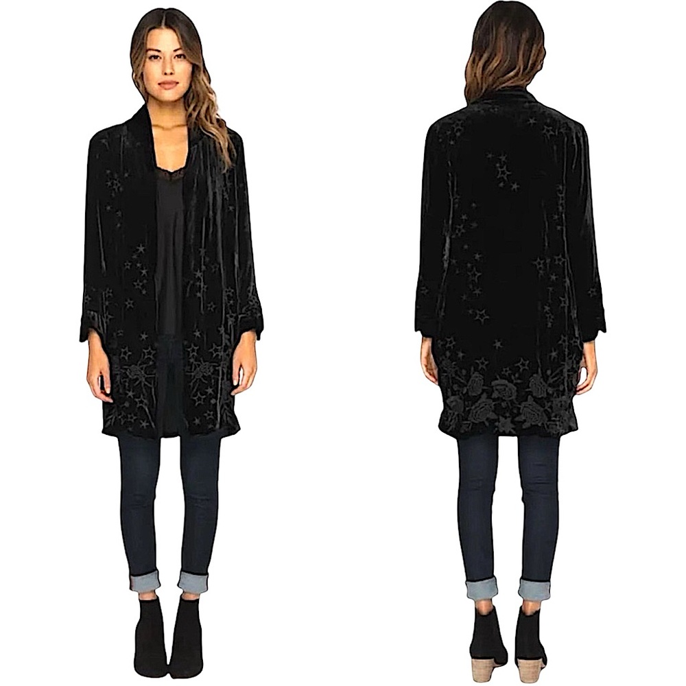 Johnny Was Black Velvet Silk Roberta Stars ⭐️✨ Floral Embroidered Duster Coat